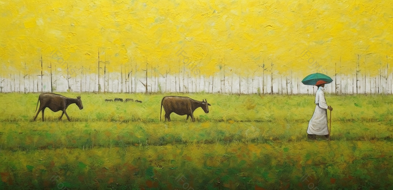 乡村风景画秋季时分一片金黄色的田野草地上有人在放牧放牛,插画/手绘图,插画/手绘图库,插画/手绘图下载,插画/手绘